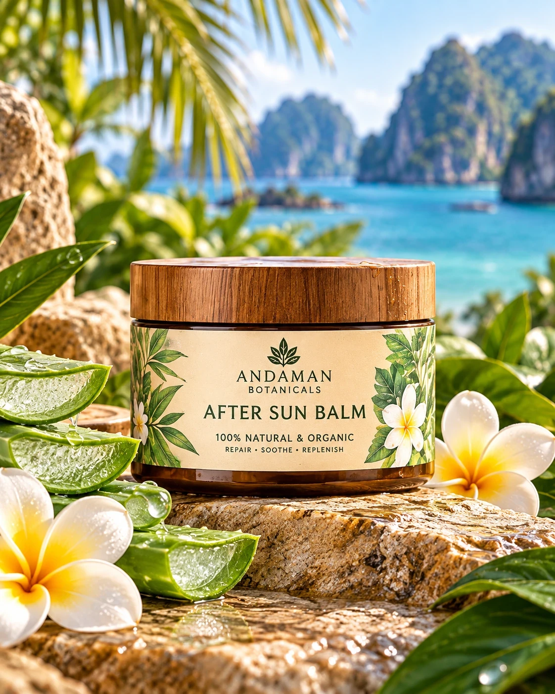 Andaman Botanicals After Sun Balm in its own tropical product photograph