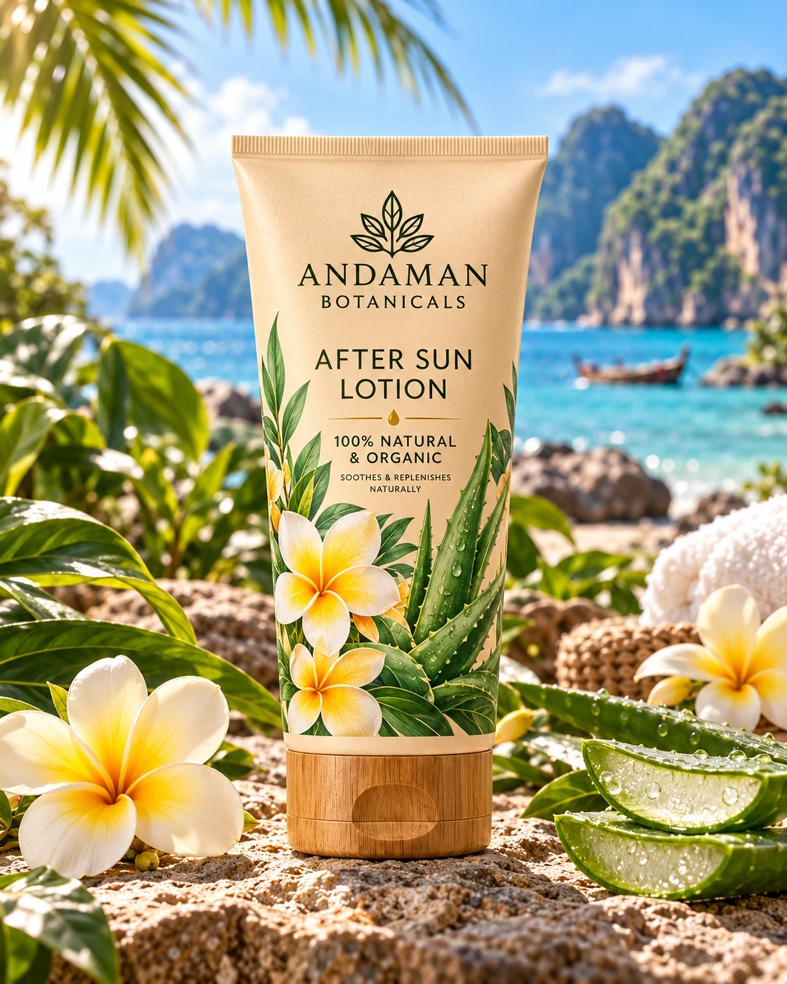 Andaman Botanicals After Sun Lotion in its own tropical product photograph