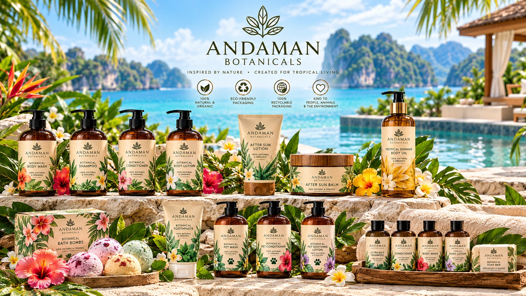 Full Andaman Botanicals collection with uniquely coloured floral labels, amber bottles, bath and after-sun products, larger hospitality amenities and a separate pet-care line, overlooking a turquoise tropical pool and Andaman islands