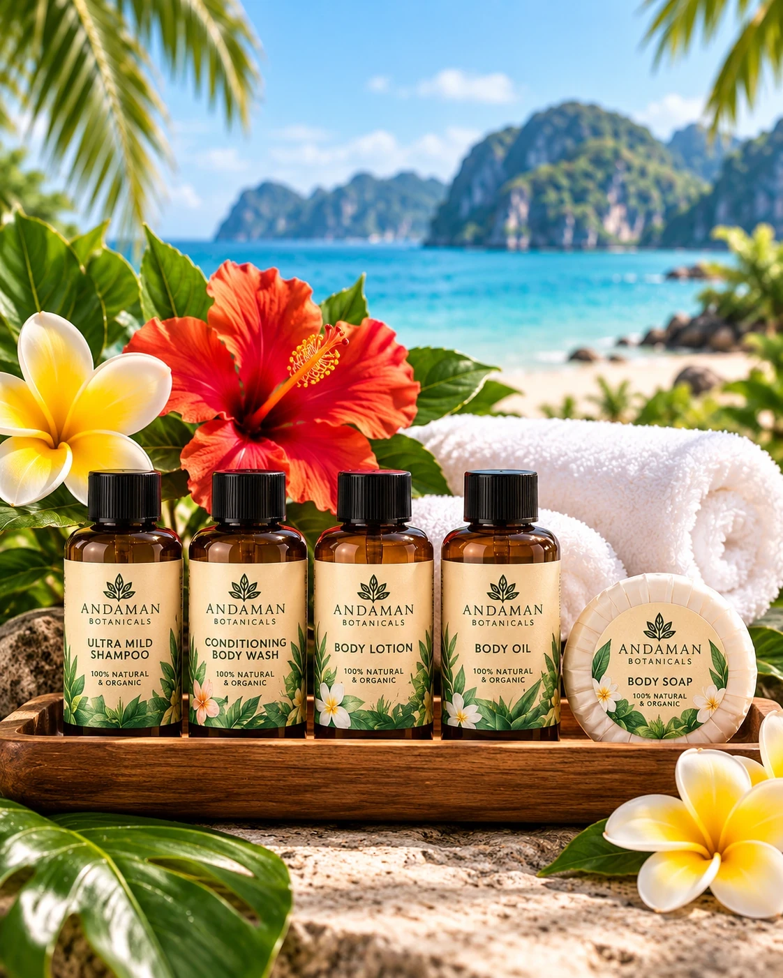Andaman Botanicals miniature guest shampoo, body wash, lotion and soap set on a natural wooden tray beside a tropical beach