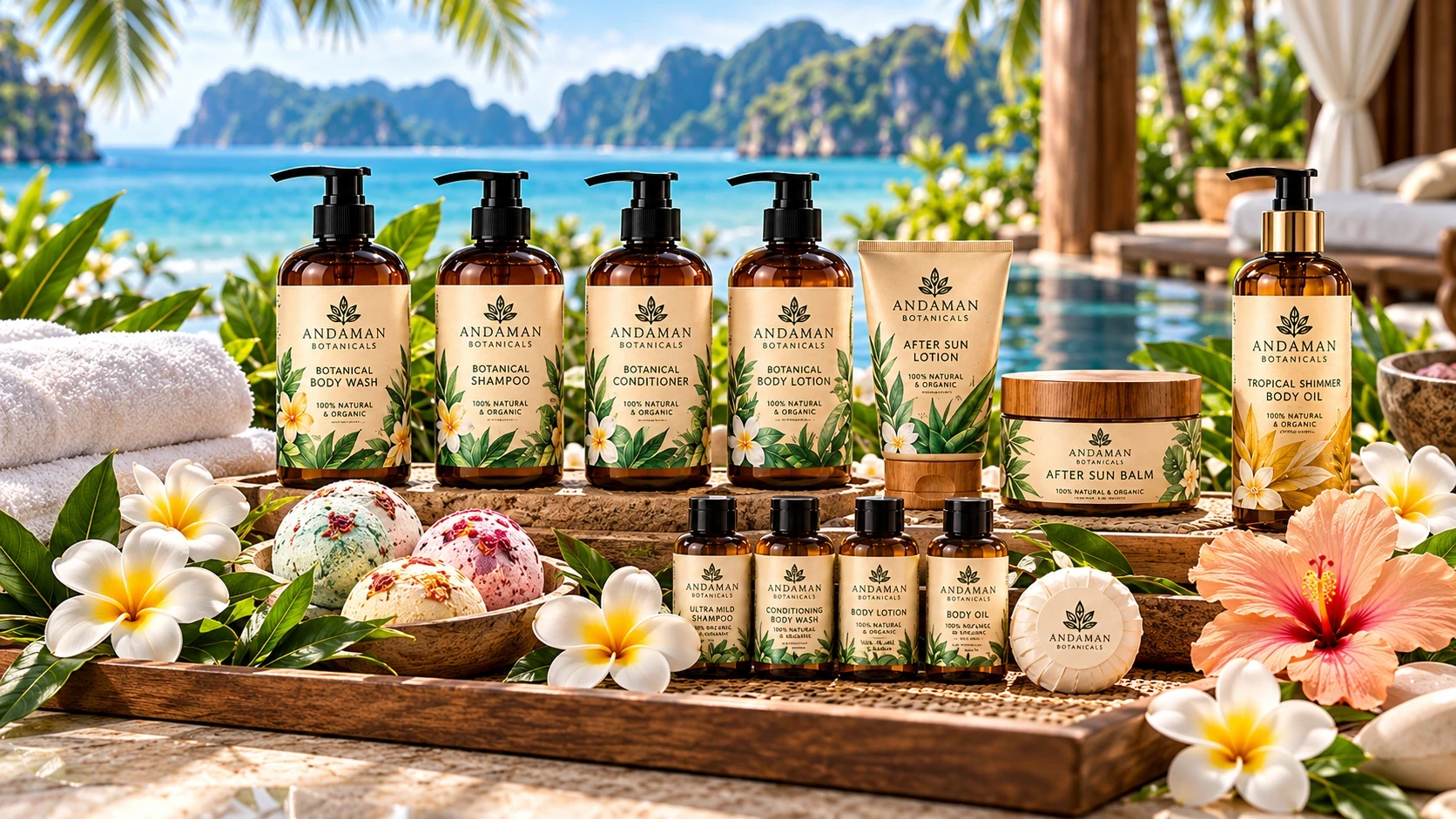 Andaman Botanicals full-size and hospitality-sized amenities displayed poolside overlooking a tropical island resort