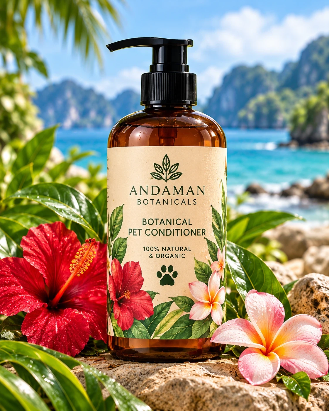 Andaman Botanicals Botanical Pet Conditioner in its own tropical product photograph