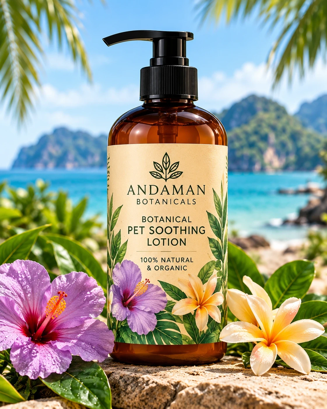 Andaman Botanicals Botanical Pet Soothing Lotion in its own tropical product photograph