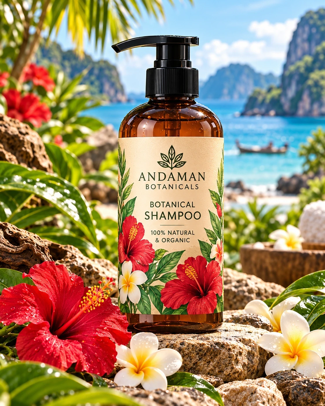 Andaman Botanicals Botanical Shampoo in its own tropical product photograph