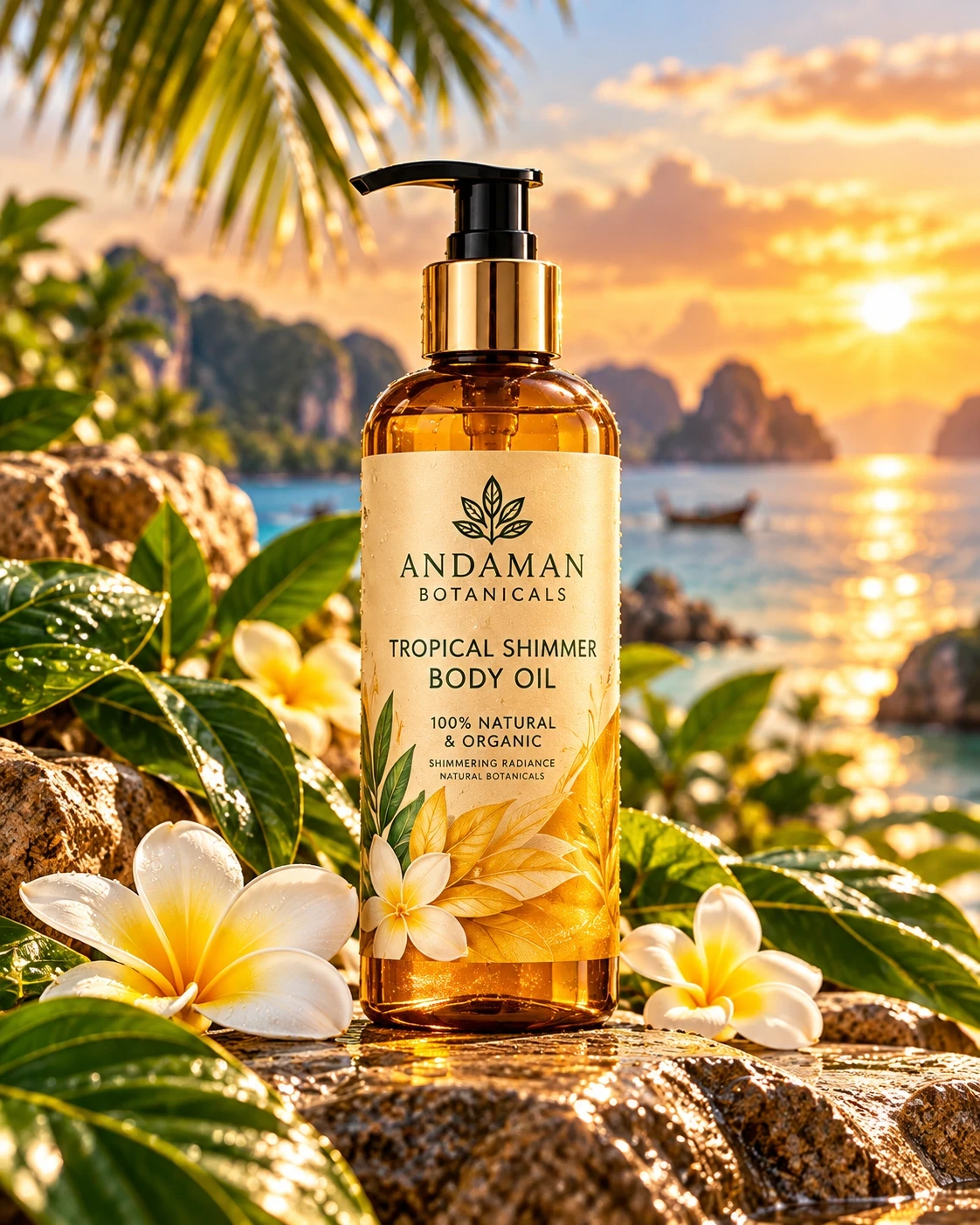 Andaman Botanicals Tropical Shimmer Body Oil in its own tropical product photograph