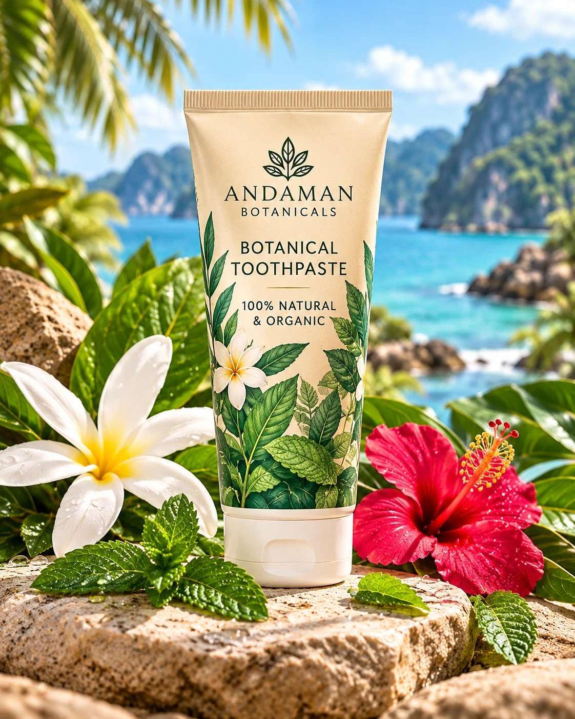 Andaman Botanicals Botanical Toothpaste in its own tropical product photograph